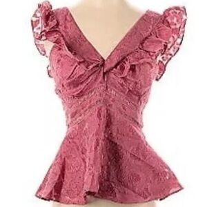 Rebecca Taylor Pink Ruffle Peplum Jacquard V-Neck Top sz 6 M